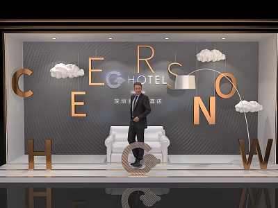 CERSNO Hotel Window Display With Man In Suit White Sofa Golden Letters And Cloud Decor 3d model