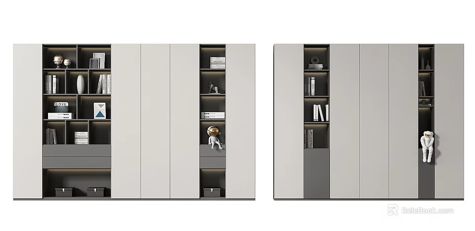 Modern Bookshelf Design With Gray And White Panels Multiple Compartments And Storage Spaces 3d model 