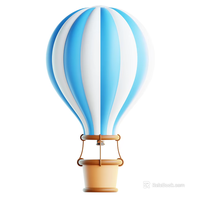 Vibrant Blue And White Striped Hot Air Balloon With Brown Basket And Frame 3d model 