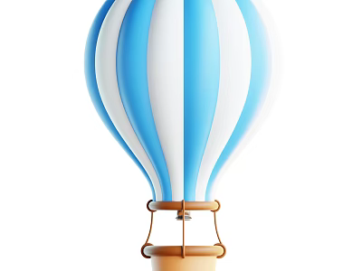 Vibrant Blue And White Striped Hot Air Balloon With Brown Basket And Frame 3d model