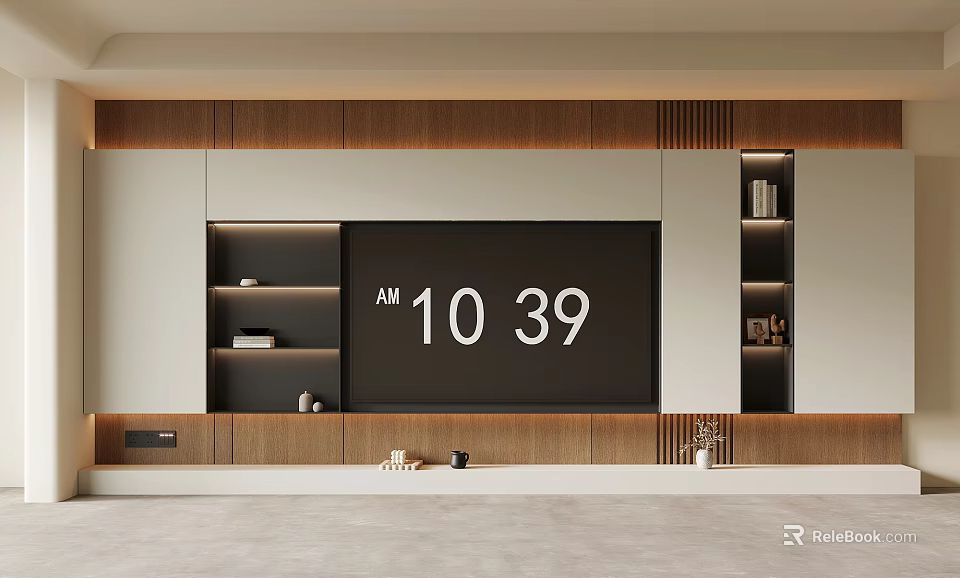 Modern TV Wall Design With Wooden White Cabinets Shelves And Decorations 3d model 