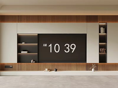 Modern TV Wall Design With Wooden White Cabinets Shelves And Decorations 3d model