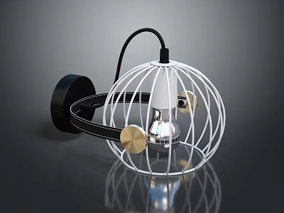 Modern Decorative Wall Lamp With White Wire Cage Black Arm And Golden Knobs Design 3d model