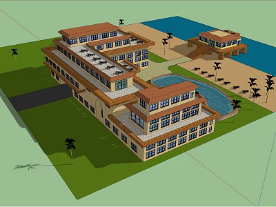 Hotel Building With Red Roof Windows Balconies Green Lawn Swimming Pool Palm Trees Water Area 3d model