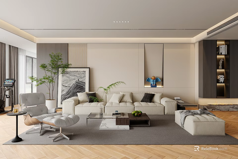 Modern Living Room Interior With Beige Sofa Coffee Table Decorative Painting And Wooden Floor 3d model 