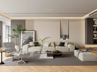 Modern Living Room Interior With Beige Sofa Coffee Table Decorative Painting And Wooden Floor 3d model