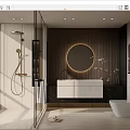 Modern Bathroom Interior Design With Glass Shower Round Mirror Wooden Wall And White Basin Elements