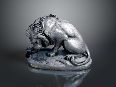 Silver Metal Lion Statue Reclining On Detailed Base With Realistic Carving 3d model