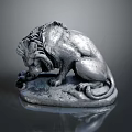 Silver Metal Lion Statue Reclining On Detailed Base With Realistic Carving