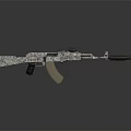 Camouflage Patterned Rifle With Scope Light Colored Stock And Muzzle Device