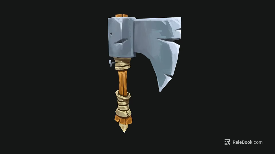 Game Style Axe Weapon With Stone Head Wooden Handle And Wrapped Details 3d model 