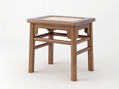 Traditional Chinese Style Square Wooden Stool With Woven Seat And Crossbar Design 3d model
