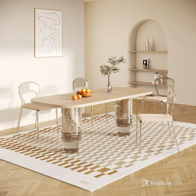 Modern Elegant Dining Table Set with Glass Legs Chairs Oranges Vase and Checkered Rug 3d model 