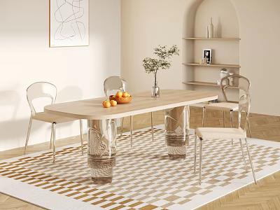 Modern Elegant Dining Table Set with Glass Legs Chairs Oranges Vase and Checkered Rug 3d model