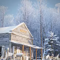 Serene Winter Landscape With Snow Covered Log Cabin Smoking Chimney And Surrounding Trees