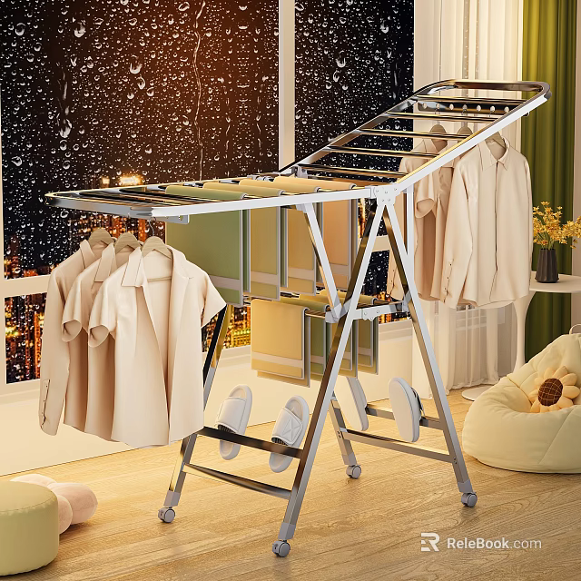 Metal Foldable Clothes Drying Rack With Hanging Shirts And Shoes Storage For Indoor Home Use 3d model 