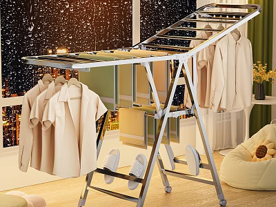 Metal Foldable Clothes Drying Rack With Hanging Shirts And Shoes Storage For Indoor Home Use 3d model