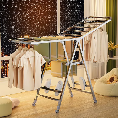 Metal Foldable Clothes Drying Rack With Hanging Shirts And Shoes Storage For Indoor Home Use 3d model