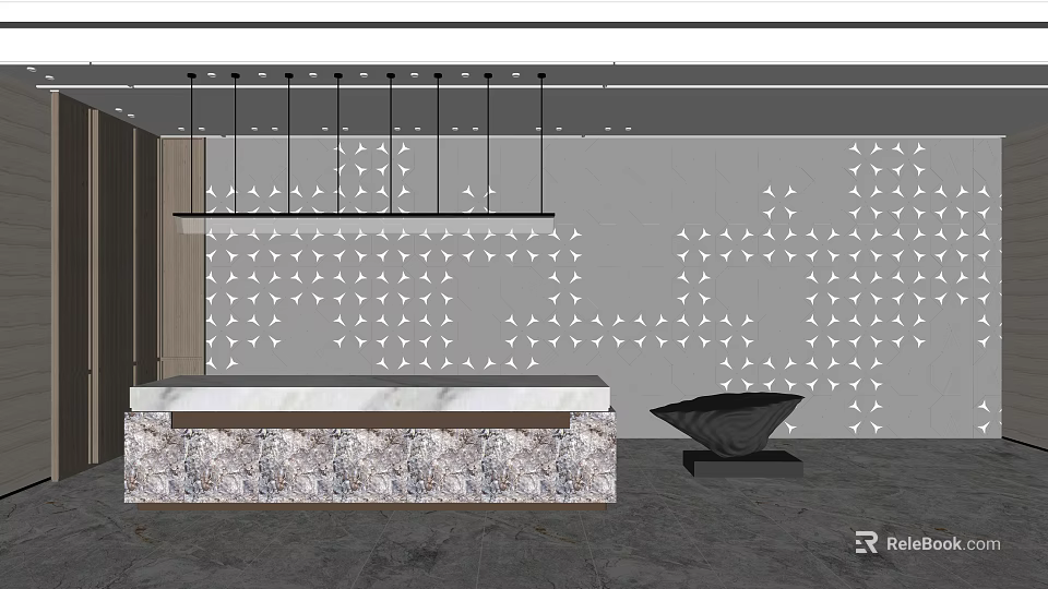 Modern Front Desk Reception Area With Marble Counter Geometric Pattern Wall And Hanging Lights 3d model