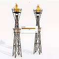 Tall Ancient Architectural Torch Towers With Flames And Traditional Decorative Design