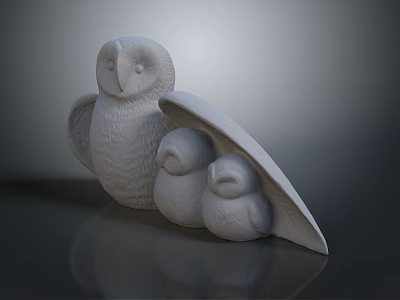Smooth White Owl Sculpture With Owlets On Reflective Dark Background Surface 3d model Smooth White Owl Sculpture With Owlets On Reflective Dark Background Surface 3d model