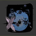 Cartoon Scene with Pink Purple Trees Dark Trunks Yellow Figure Blue Water and Black Stones