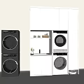 Modern Stackable Washing Machines In Gray And White With Storage Cabinets 3d model