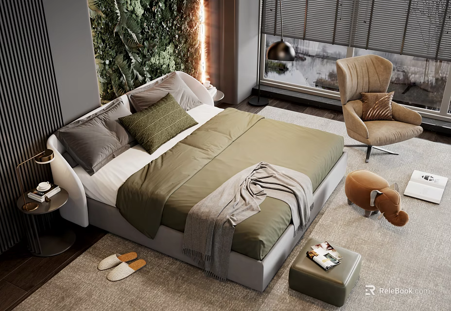 Double Bed With Green Bedding Gray Pillows And Green Plant Wall In Modern Bedroom 3d model 