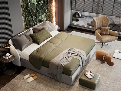 Double Bed With Green Bedding Gray Pillows And Green Plant Wall In Modern Bedroom 3d model