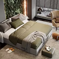 Double Bed With Green Bedding Gray Pillows And Green Plant Wall In Modern Bedroom