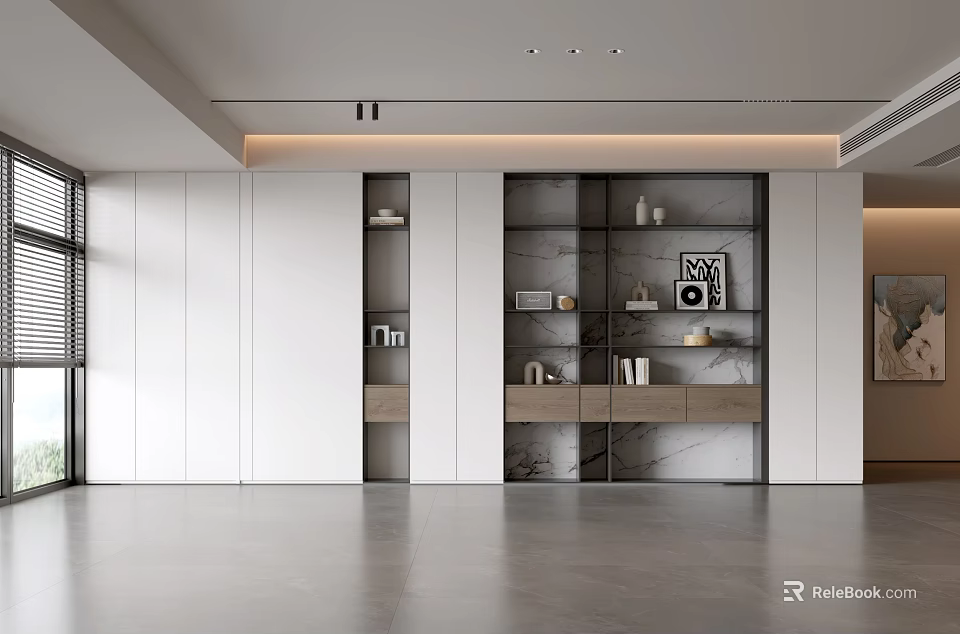 Modern Open Living Room With White Storage Cabinets Glass Doors Marble Decor And Gray Flooring 3d model 