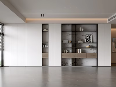 Modern Open Living Room With White Storage Cabinets Glass Doors Marble Decor And Gray Flooring 3d model
