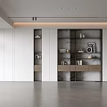 Modern Open Living Room With White Storage Cabinets Glass Doors Marble Decor And Gray Flooring