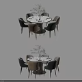 Modern Dining Table Set With Round Tabletop Four Upholstered Chairs And Decorative Plant 3d model