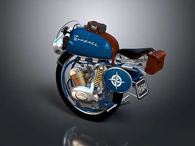 Vintage Blue Motorcycle With Classic Design Leather Bags And Chrome Accents 3d model