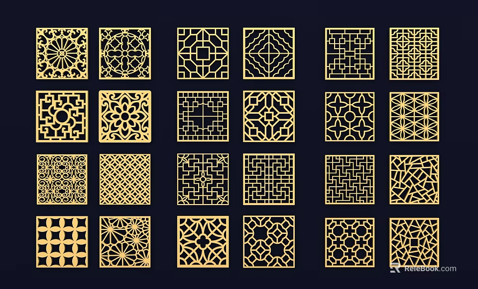 Gold Laser Cut Geometric Wall Decor with Various Patterns Arranged on Dark Background 3d model 