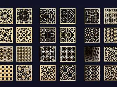 Gold Laser Cut Geometric Wall Decor with Various Patterns Arranged on Dark Background 3d model