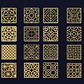 Gold Laser Cut Geometric Wall Decor with Various Patterns Arranged on Dark Background 3d model