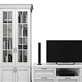 White Modern TV Stand With Glass Front Cabinets Drawers And Speakers