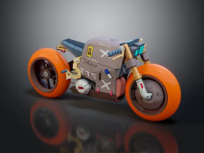 Gray Metallic Motorcycle With Orange Wheels Black Seat And Mechanical Details 3d model