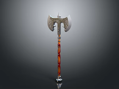 Ancient Battle Axe Weapon With Metallic Head Intricate Carvings And Red Orange Handle 3d model