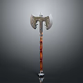 Ancient Battle Axe Weapon With Metallic Head Intricate Carvings And Red Orange Handle