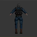 Person In Blue Protective Suit With Gas Mask And Black Tactical Vest
