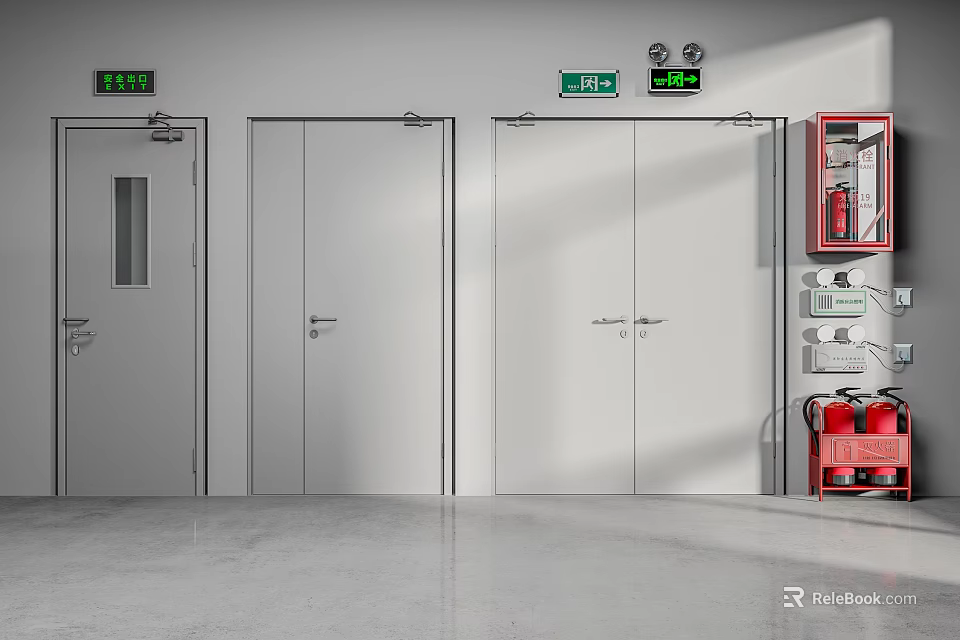 Building Interior Featuring Grey Doors Red Fire Equipment Green Signs White Walls And Grey Floor 3d model 