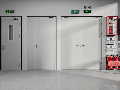 Building Interior Featuring Grey Doors Red Fire Equipment Green Signs White Walls And Grey Floor 3d model