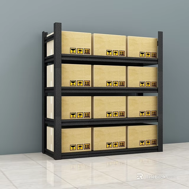 Practical Storage Shelf With Multiple Layers And Yellow Labeled Boxes 3d model 