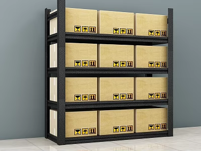 Practical Storage Shelf With Multiple Layers And Yellow Labeled Boxes 3d model