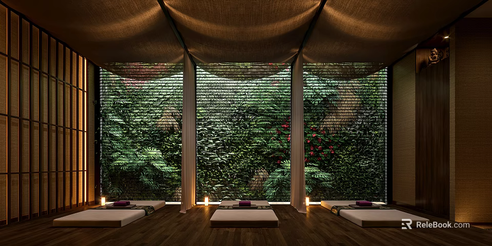 Relaxing SPA Sauna Space With Natural Green Walls And Comfortable Mats 3d model 