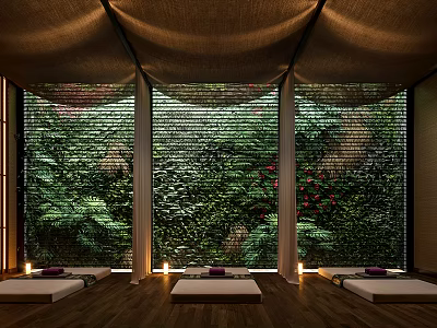 Relaxing SPA Sauna Space With Natural Green Walls And Comfortable Mats 3d model
