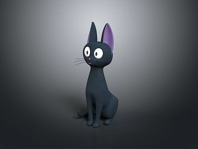 Cute Black Cartoon Cat With Purple Ears Big Eyes Sitting On Gray Background 3d model